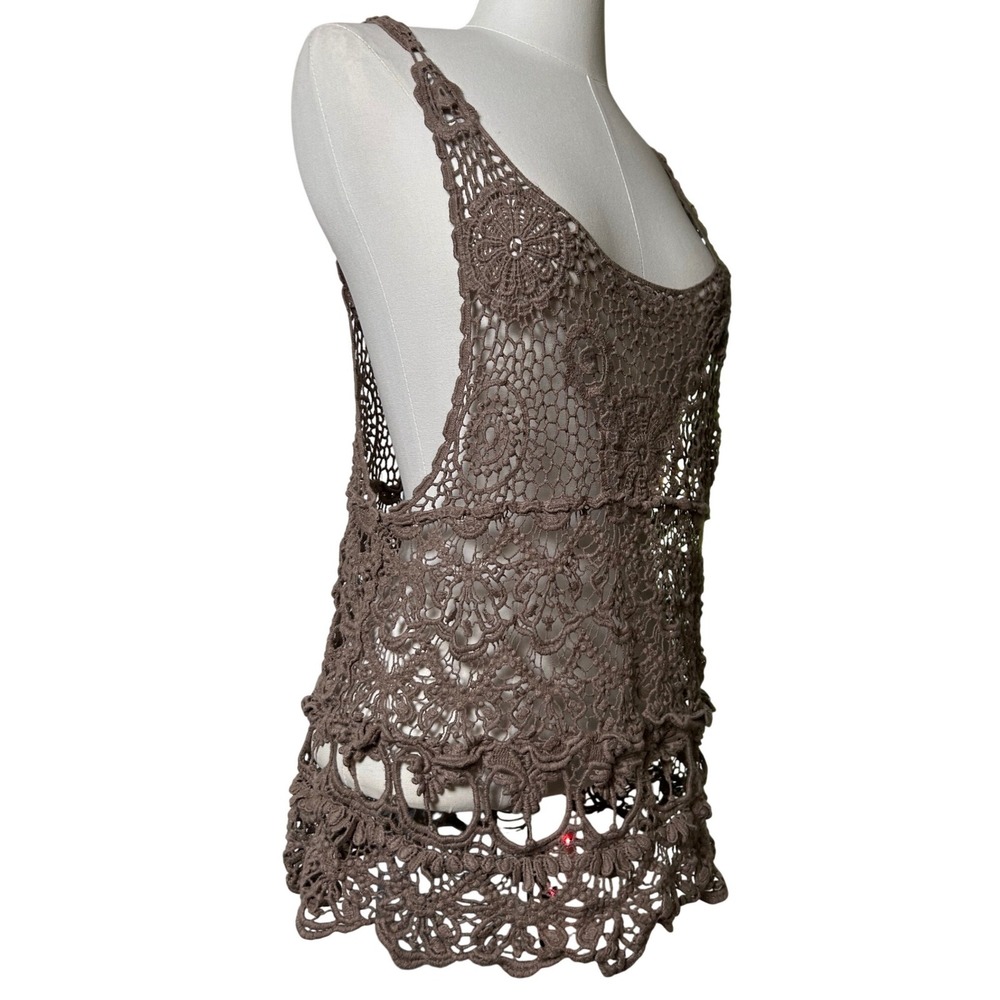 Y2K Brown Crochet Lace Tank‎ Top Boho Festival Costal Hippie Layering Chic L